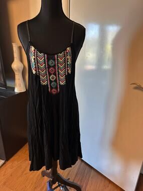Vibrant Boho Black Spaghetti Strap Sundress w/ Multicolored Embroidered Neckline